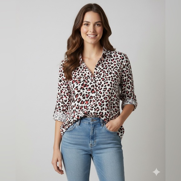 Zara Basic Leopard Print Blouse Extra Small Red Gray Black - Picture 2 of 13